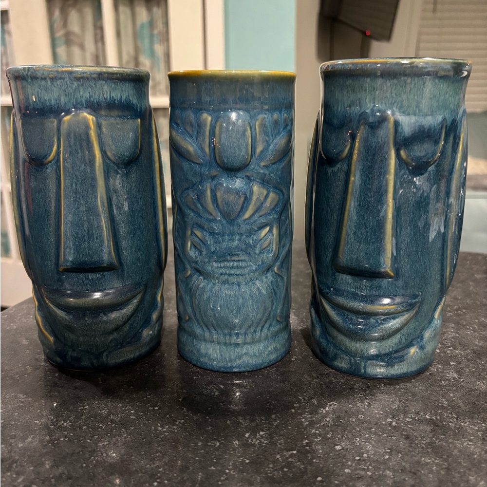 Set of 3 vintage Libbey ceramic Tiki mugs / tumblers
